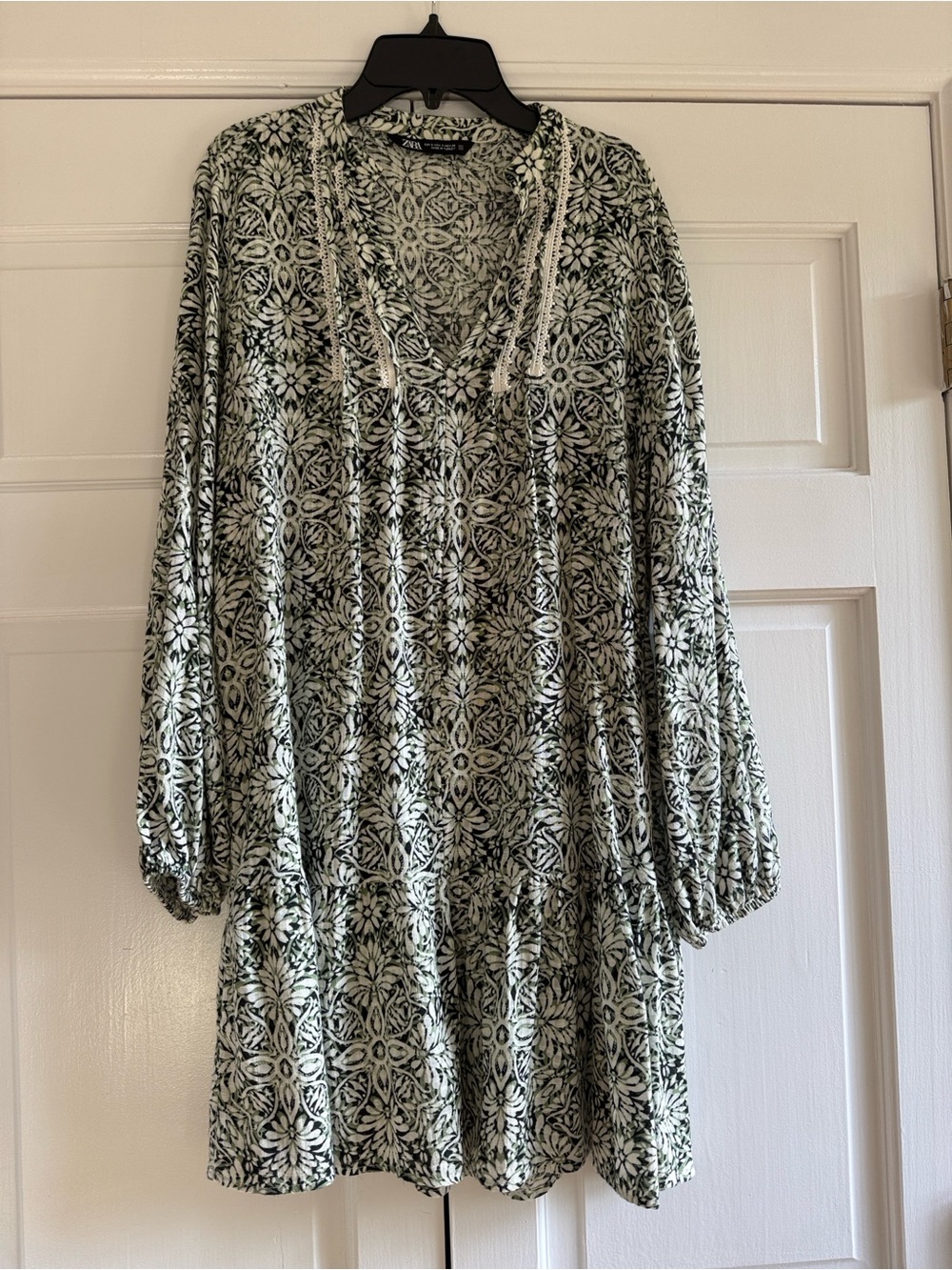 Zara Green Floral Lace-Trim V-Neck Peasant Dress